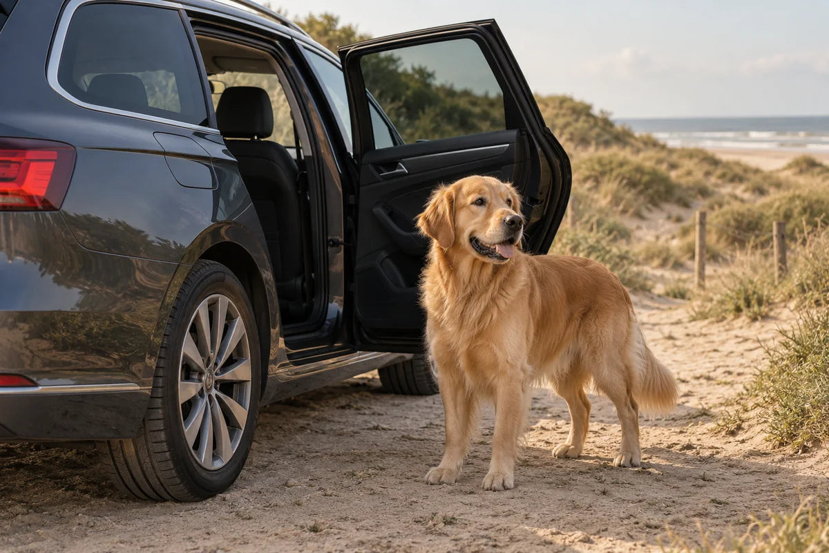 Golden retriever naast de open achterdeur van een geparkeerde auto bij de duinen