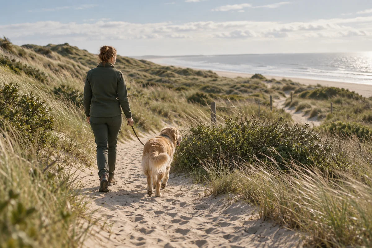 Wandeling met een hond aan de lijn over een pad door de duinen